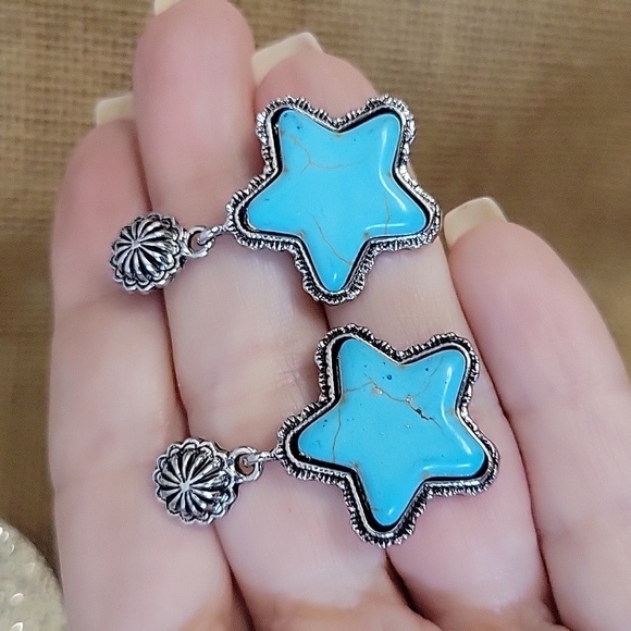 TURQUOISE STAR CONCHO DROP EARRINGS - Picture 6 of 8